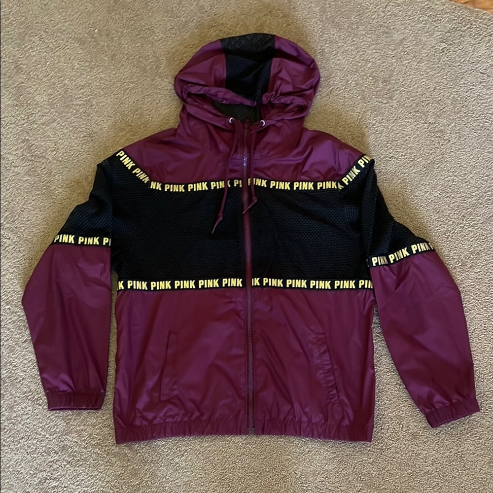 PINK Victoria's Secret Maroon and Black Hoodie with Yellow Accents